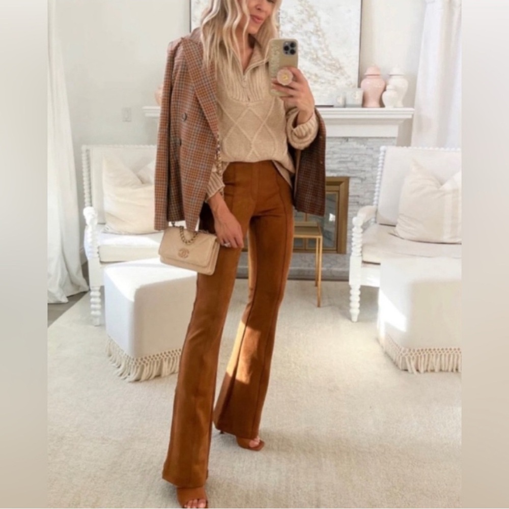 NWT Spanx Faux Suede Brown Camel Flare Pants Size XSP